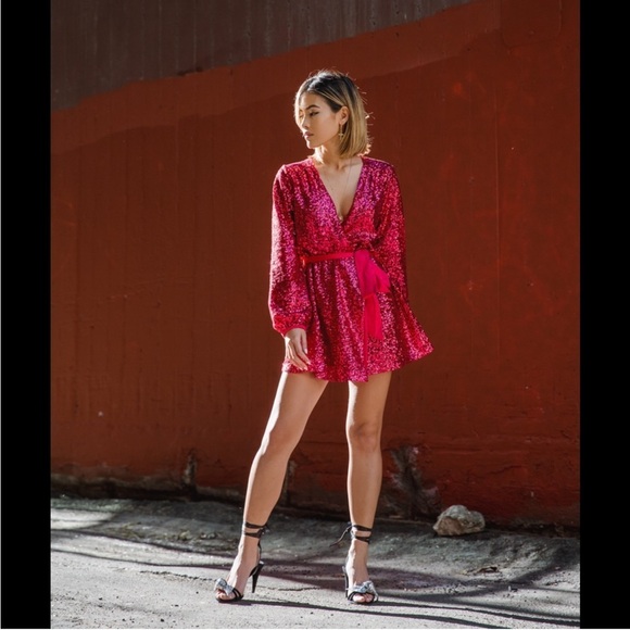 Express X Olivia Culpo XXS hot pink sequin wrap mini dress sparkly - Picture 2 of 16